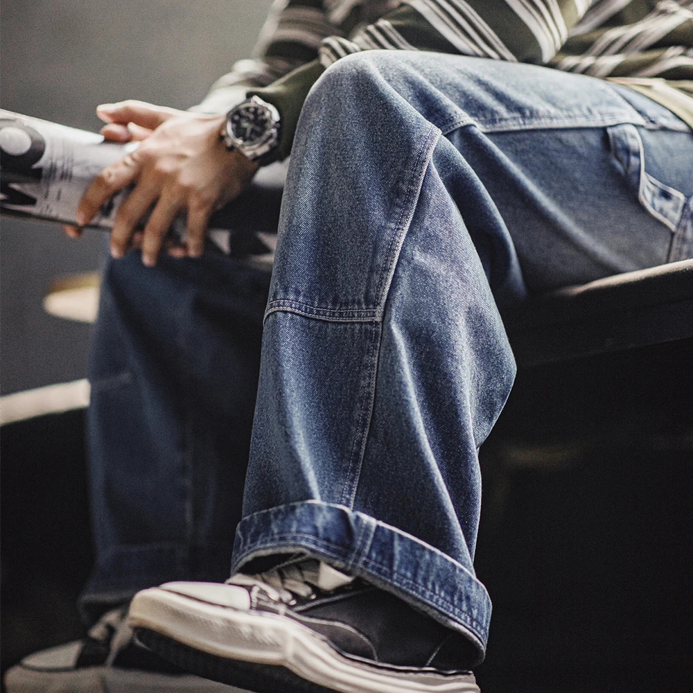 马登工装美式复古双膝伐木牛仔裤水洗做旧宽松直筒阔腿裤子男秋冬