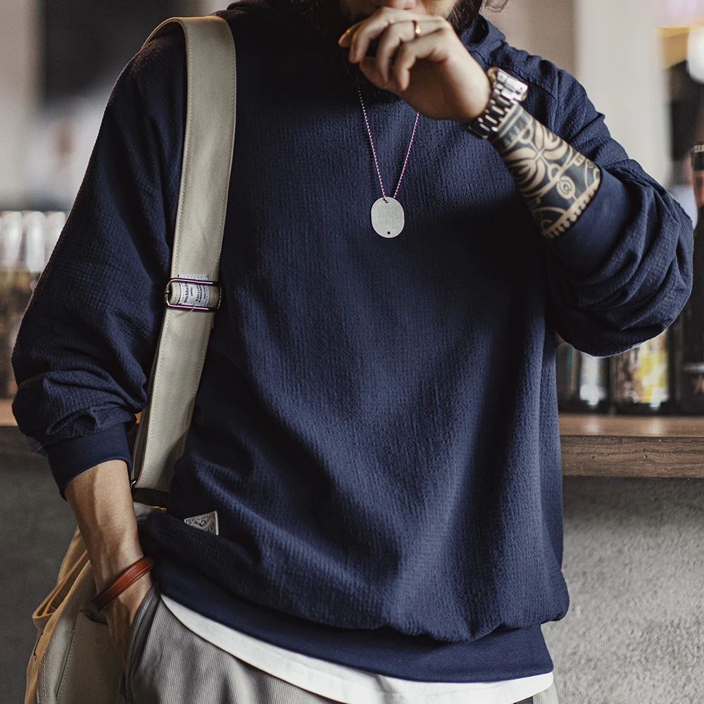 马登工装美式复古提花格纹连帽卫衣肌理感纯棉插肩袖套头帽衫男秋