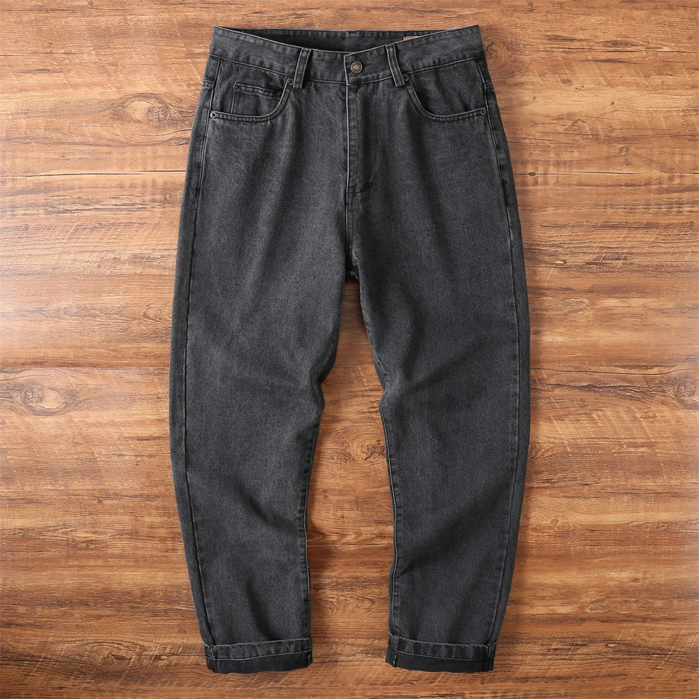 春秋潮牌重磅厚实男士牛仔长裤黑色宽松直筒潮流阿美咔叽牛仔裤子