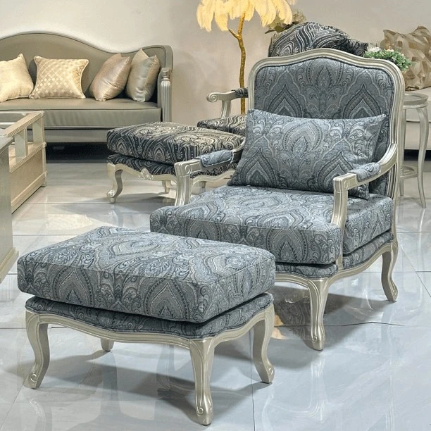 美式轻奢复古休闲椅伊森沙发椅艾伦刺绣花布单人沙发法式客厅