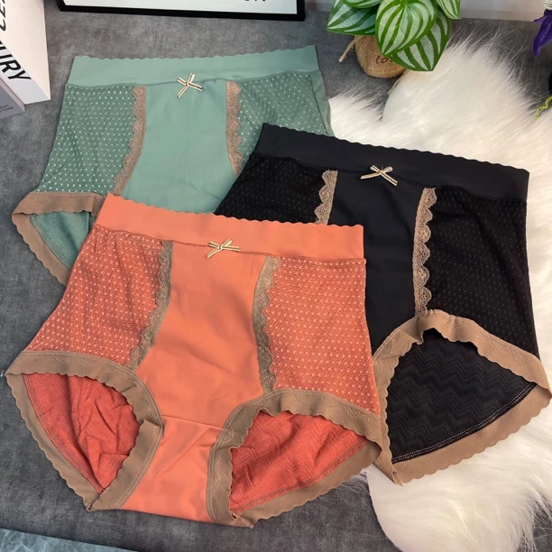 秋季新款蝴蝶结无痕腰高腰大码拼接蕾丝亲肤舒适女士内裤