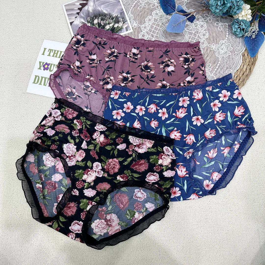 (三条装)花花冰丝中高腰女士内裤大码舒适碎花印花底裤