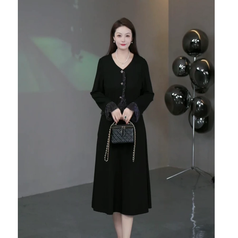 菲姐定制轻奢女装秋冬新款显瘦减龄时尚气质长袖连衣裙241392