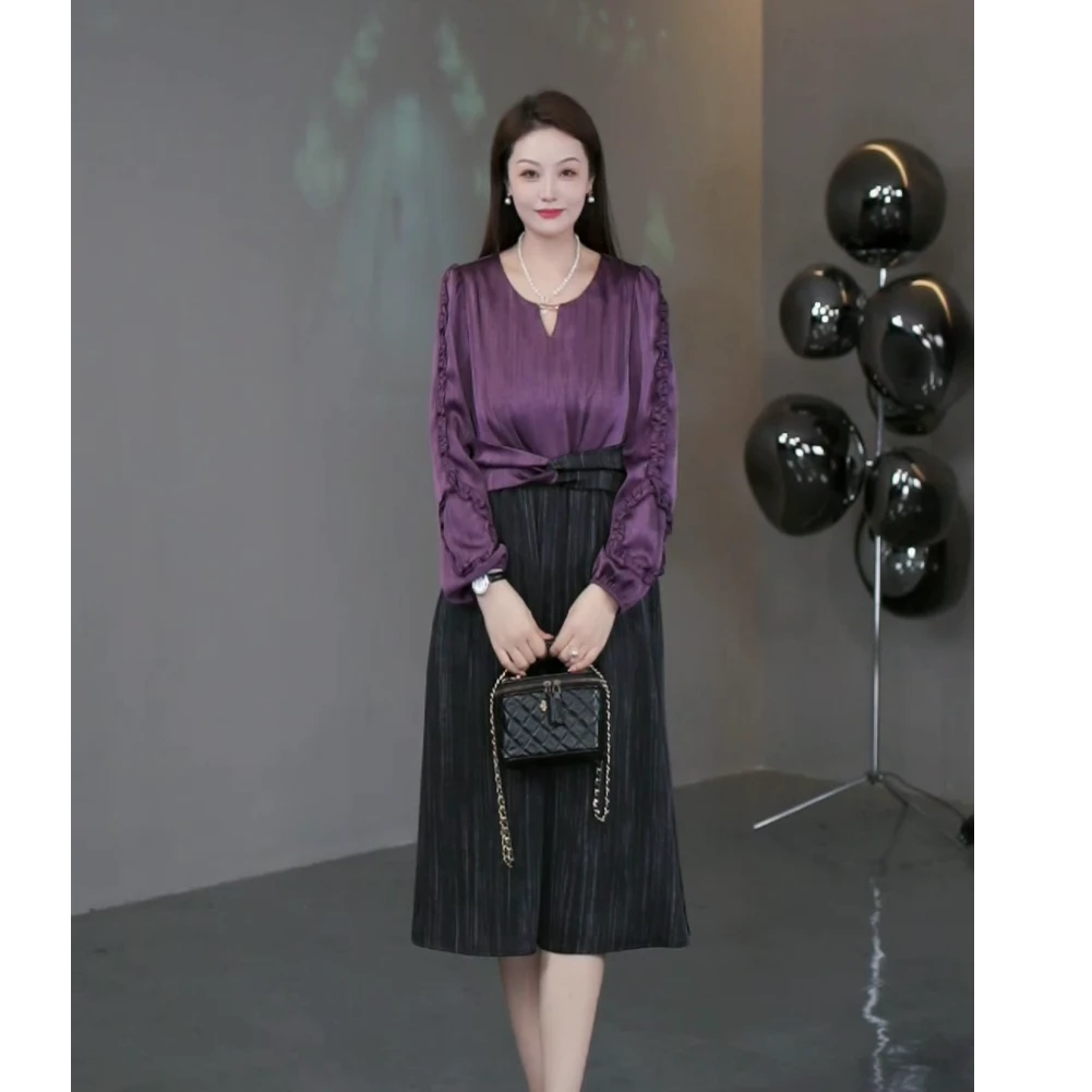 菲姐定制轻奢女装2025新款显瘦减龄紫色气质长袖连衣裙241222