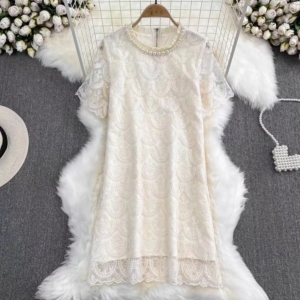 5566白色珠链圆领口袋连衣裙短袖女装新款钉钻气质裙子