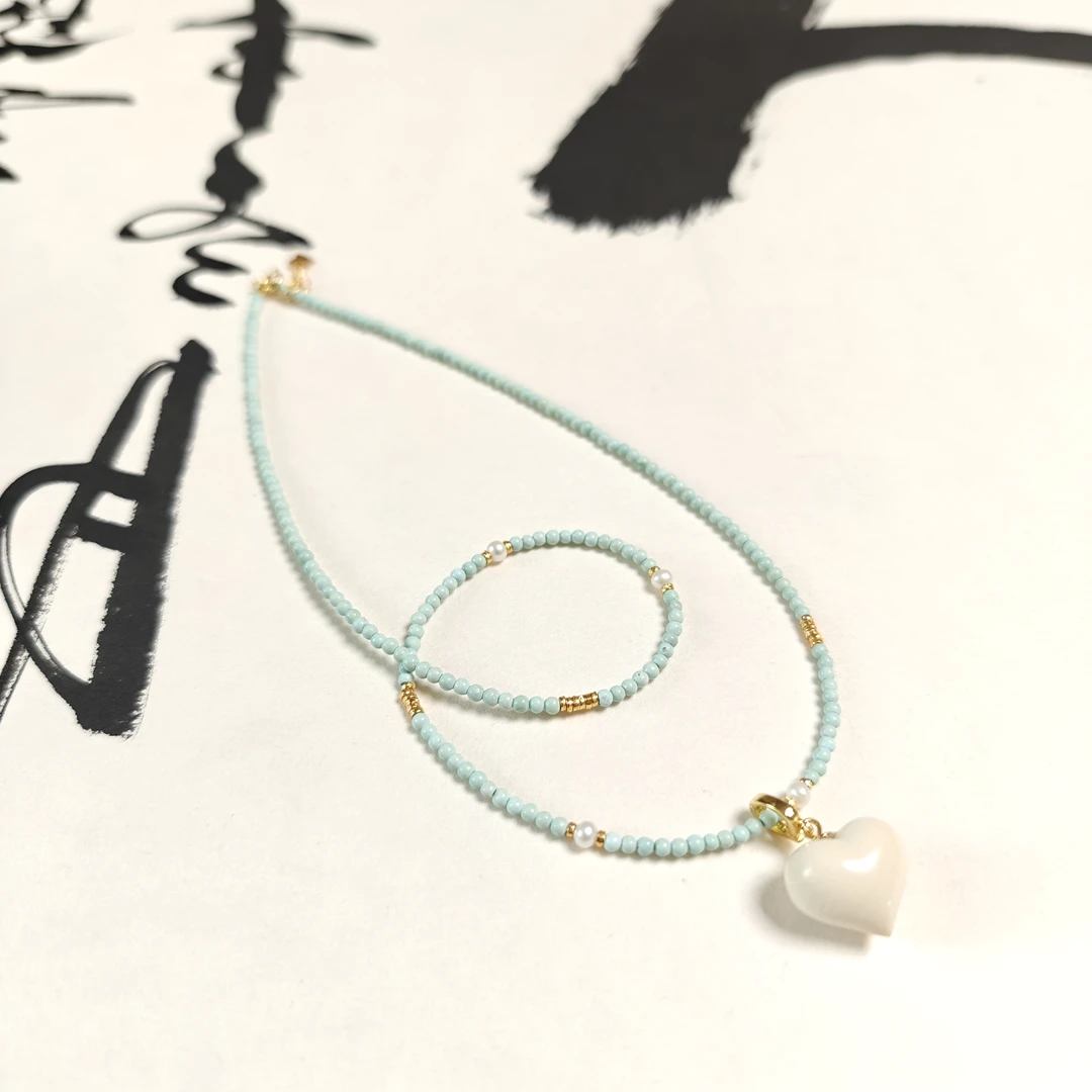 【蜜语原创】天然原矿 高瓷松石配链 爱心牙牙吊坠（松石盘玩不退换）