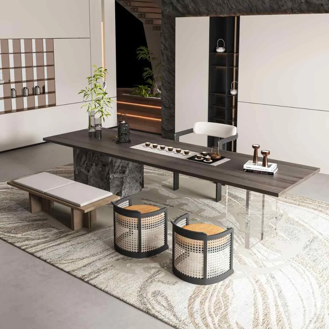 新中式茶桌椅组合实木家用茶台现代岩板轻奢茶桌别墅办公室泡茶桌