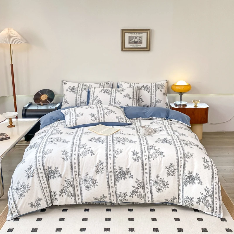 2023直播热款A类有氧提花小竺棉四件套复古亲肤印花水洗棉三件套