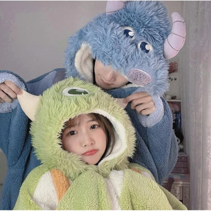 0°加厚怪兽大学情侣睡衣女冬加绒睡袍外穿家居服长款果壳睡衣可爱