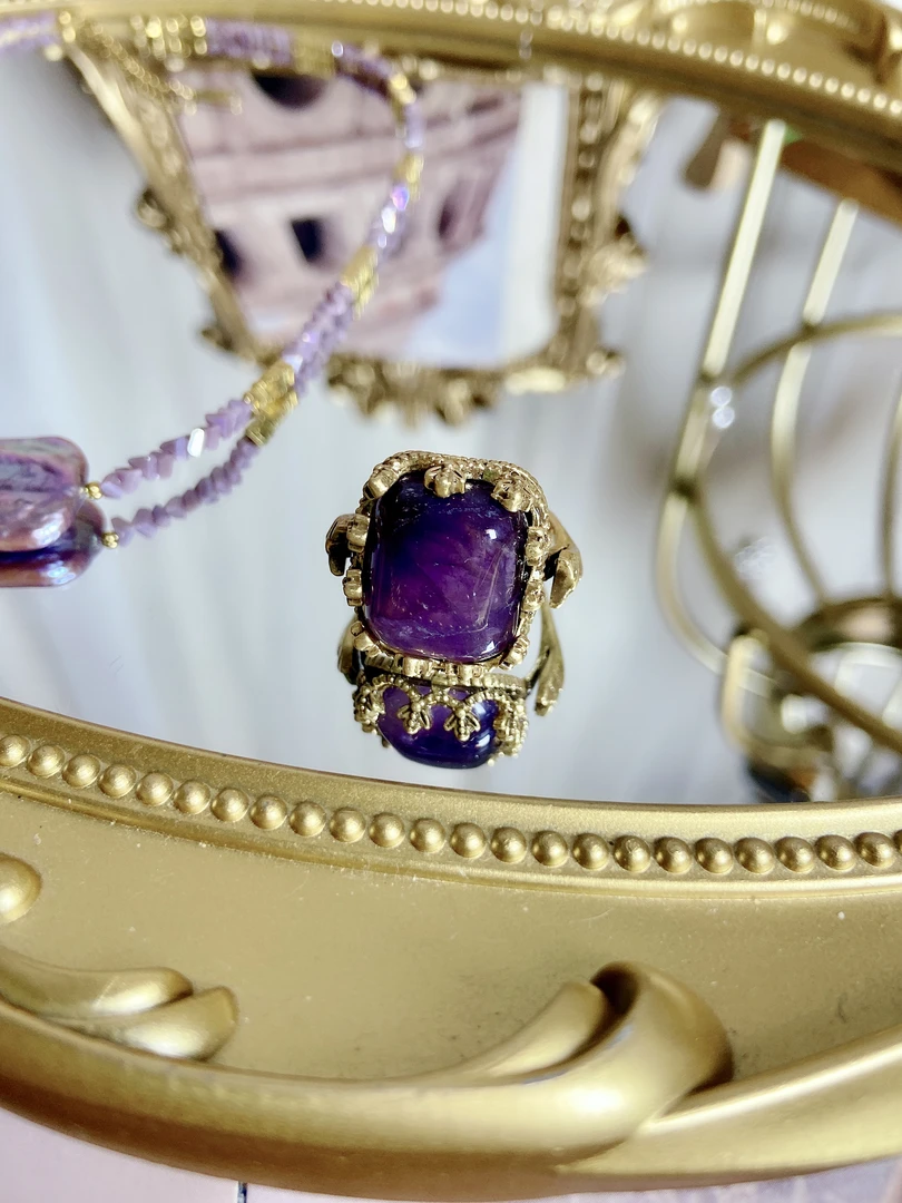 铜合金戒指 中古做旧紫去东来方石可调节大小指环