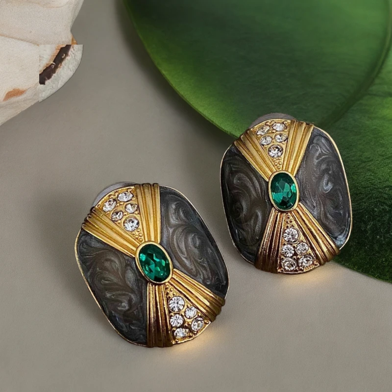 铜合金珐琅耳饰 法式复古气质灰色拼色耳环