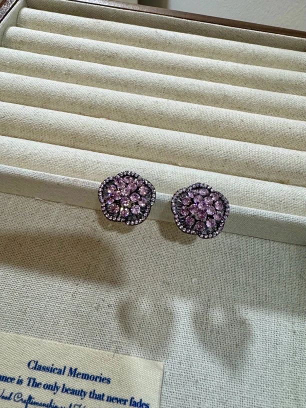 铜合金仿水晶耳饰 法式复古高级气质全镶嵌花朵耳环