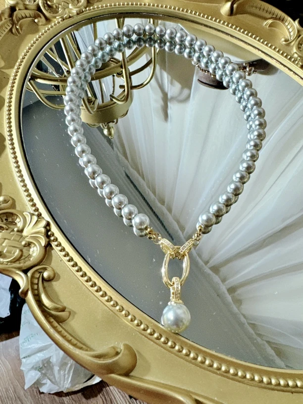 铜合金仿珍珠项链 真多麻灰色吊坠可拆卸8mm大小仿珍珠项链