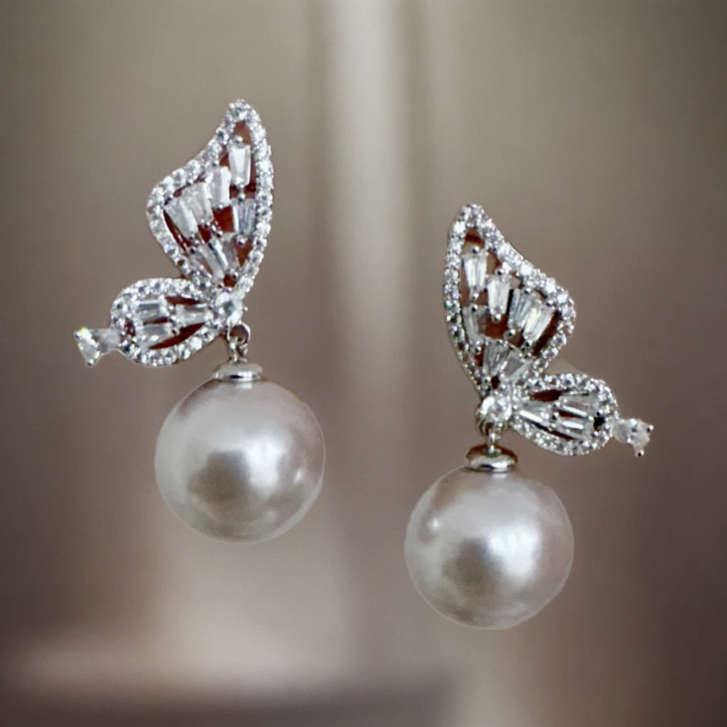 铜合金仿珍珠耳饰 蝴蝶元素金紫色珠珠吊坠气质耳环