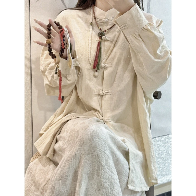 太极服棉麻禅意茶服新中式国潮女装风汉服盘扣衬衫茶艺套装风跨境