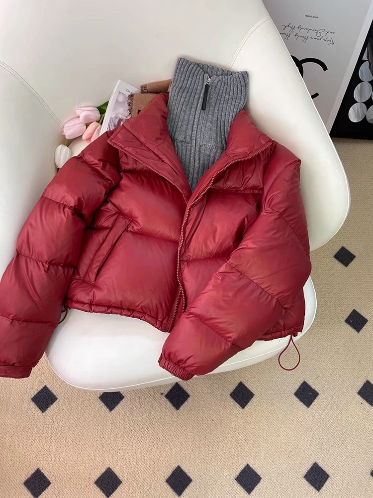 高端版红色立领肯豆风短款加厚棉服面包服女亮面小个子加厚棉时尚