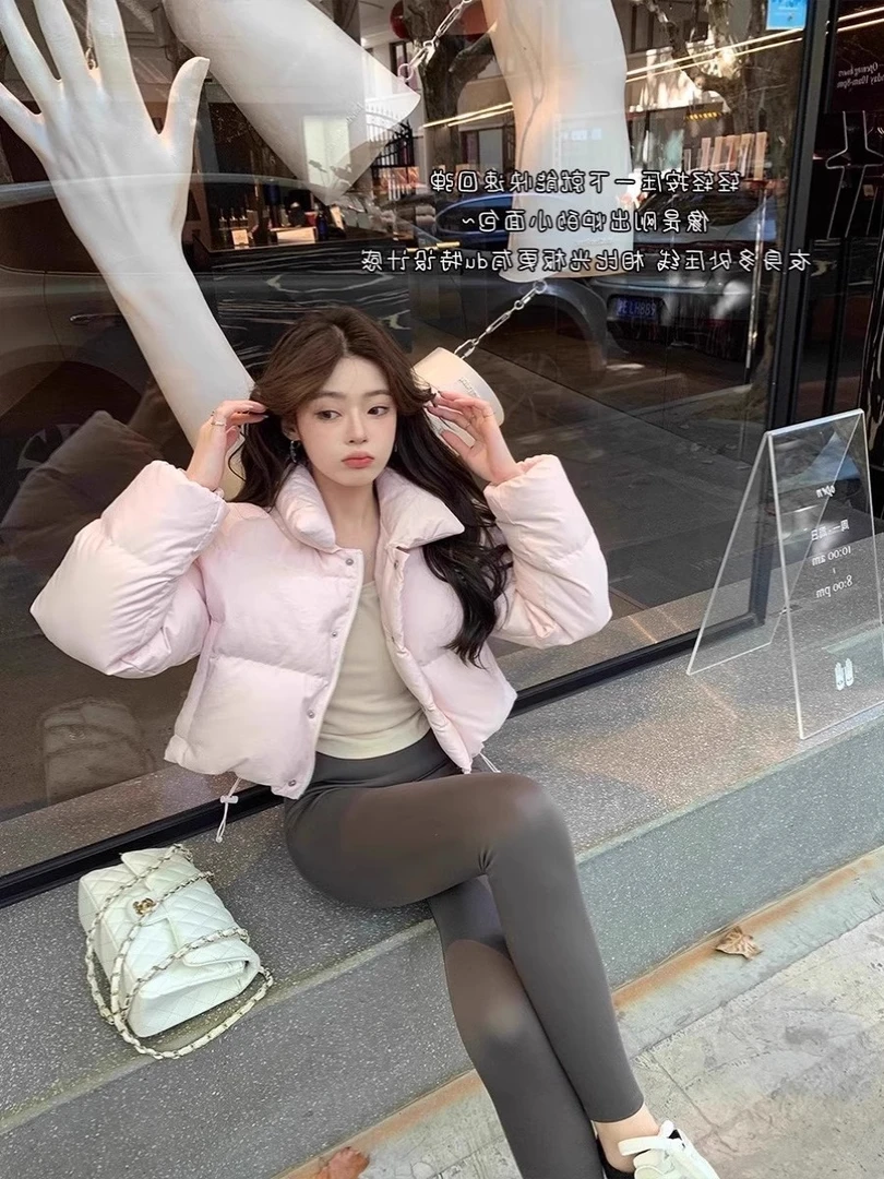 2025新款年粉色短款棉服女秋冬季高级感立领小众高腰面包服外套潮