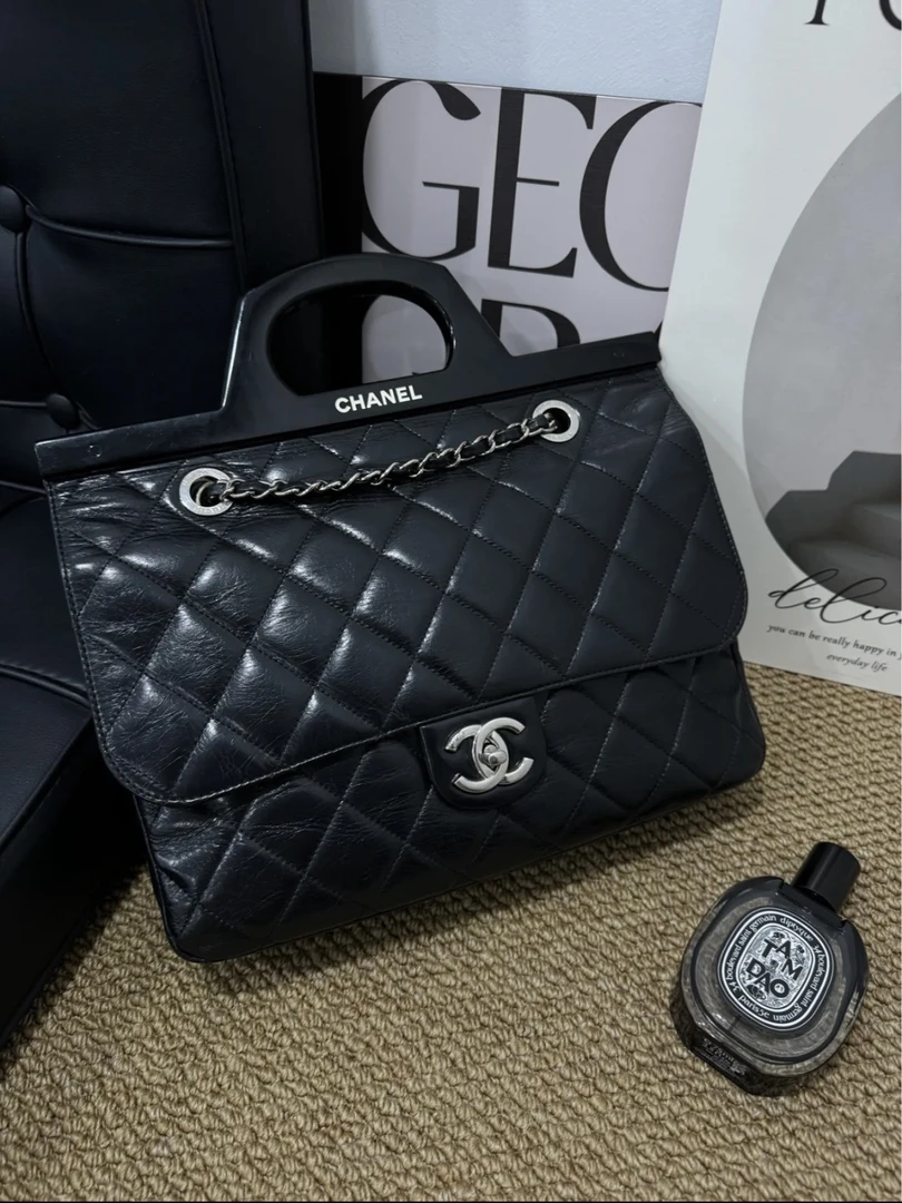 95新 Chanel/香奈儿 赤境·8633 黑银油蜡皮衣架包单肩包 14-15