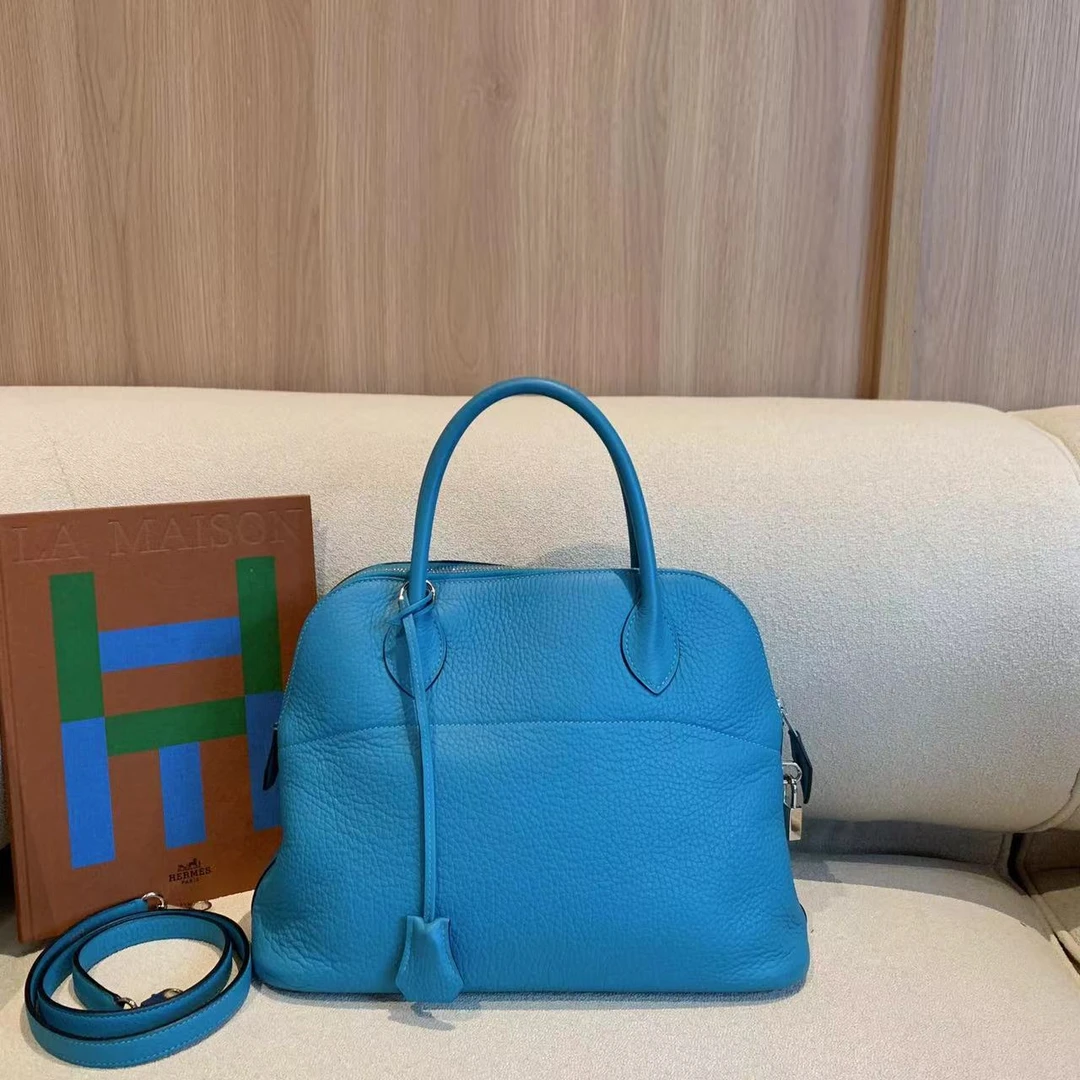 95新 Hermes/爱马仕 壹臻/牛仔蓝银扣保龄球31框R手提包 84162784