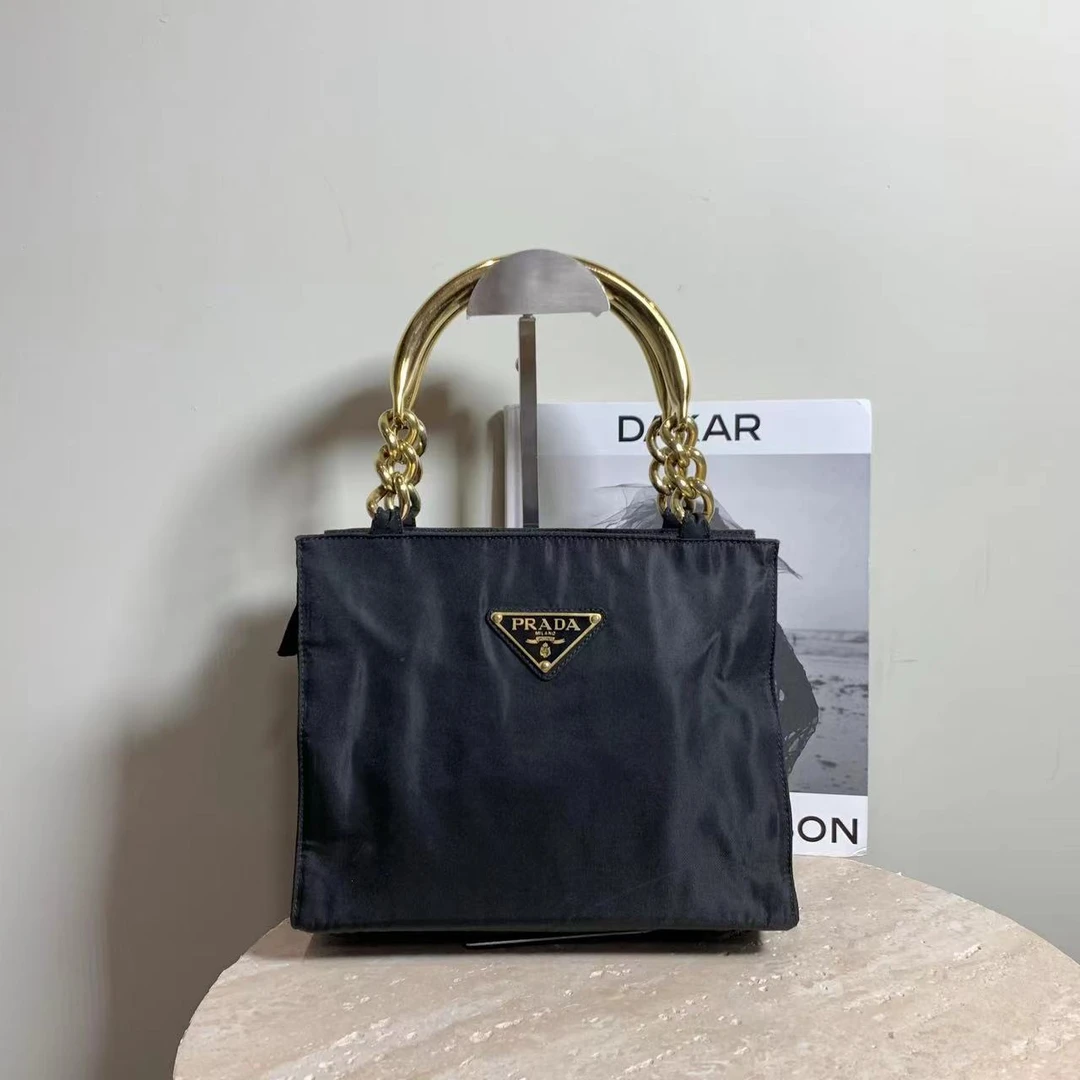 95新 Prada/普拉达 壹臻/黑金尼龙金属手柄小tote包/60869272