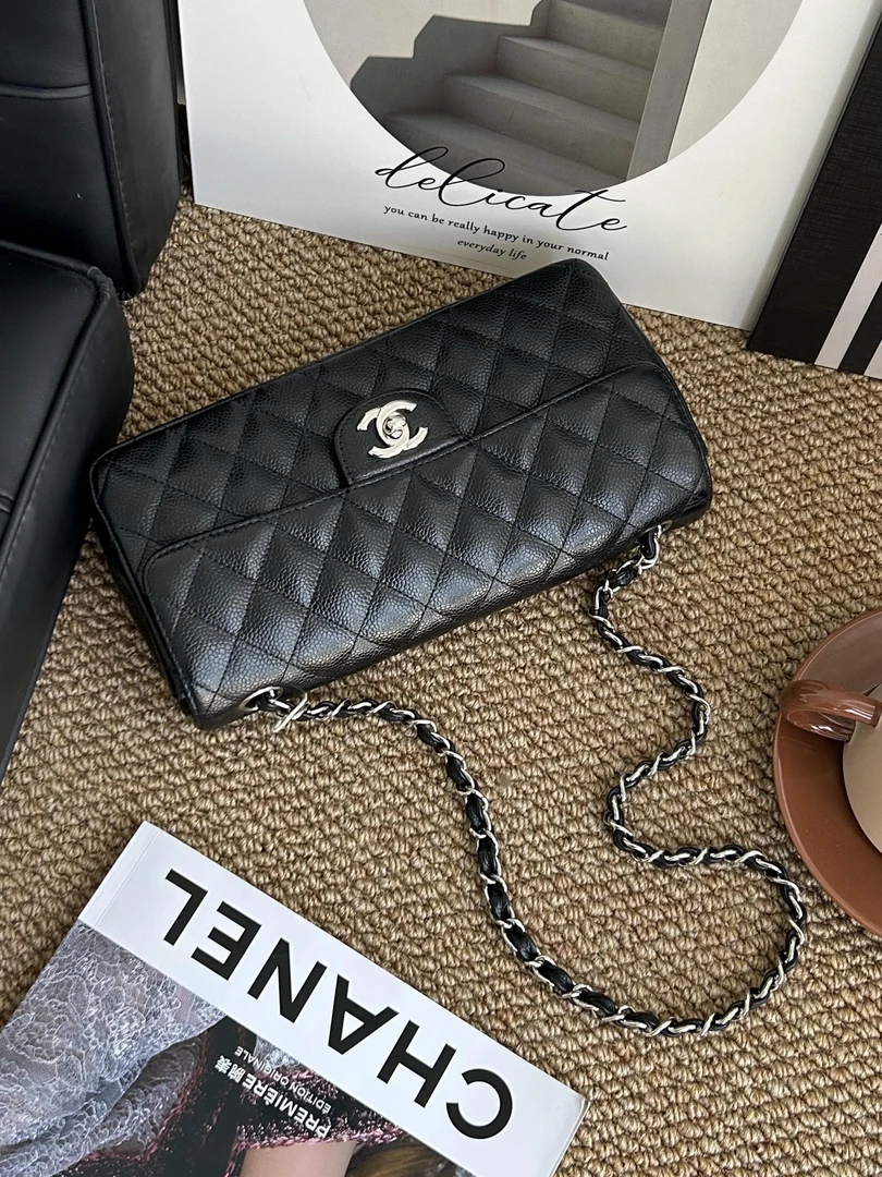 95新 Chanel/香奈儿 赤境·3671 黑银菱格纹法棍单肩包06-08