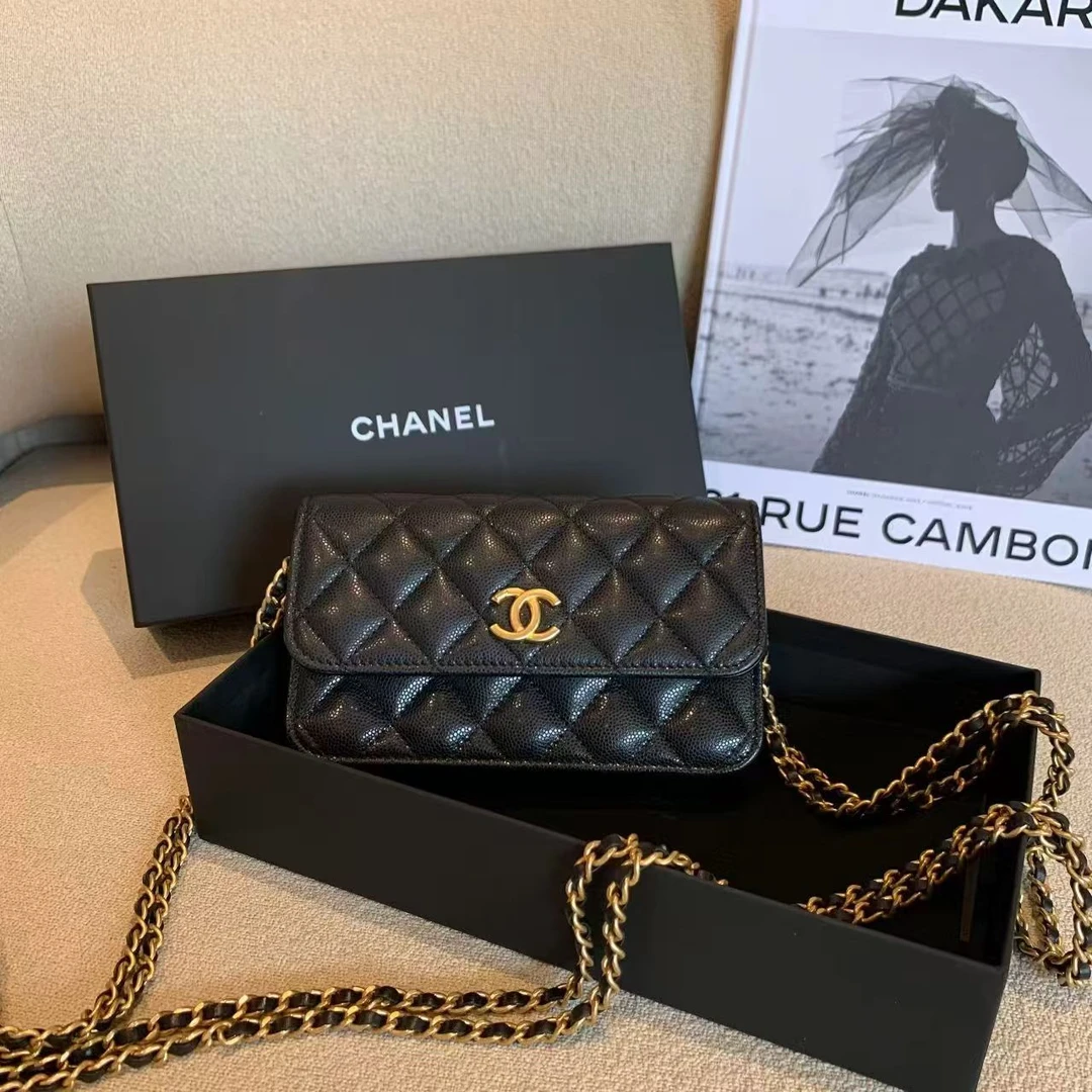 95新 Chanel/香奈儿 壹臻/99新24C黑金牛双链条手机包 65067128