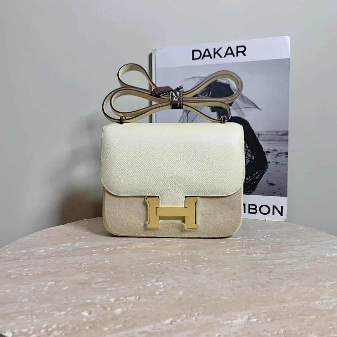 99新 Hermes/爱马仕 壹臻/奶油白金扣康康19单肩包43163707