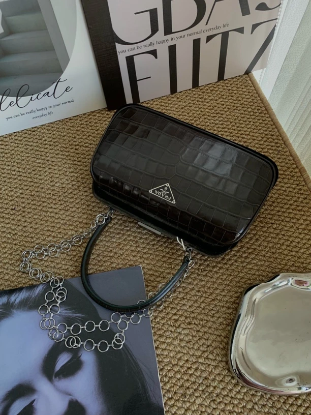 95新 Prada/普拉达 赤境·1761 墨绿色鳄压纹拼丝绒圆圈链条手提包