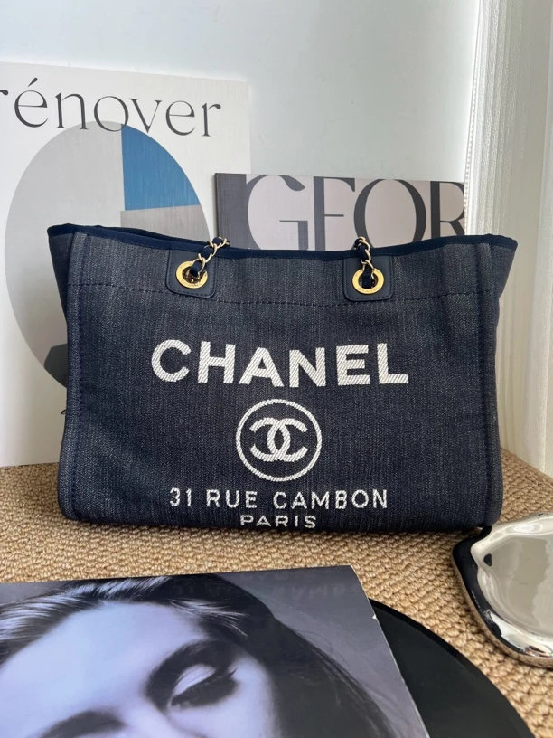 95新 Chanel/香奈儿 赤境·6725 蓝色牛仔帆布沙滩托特12-13