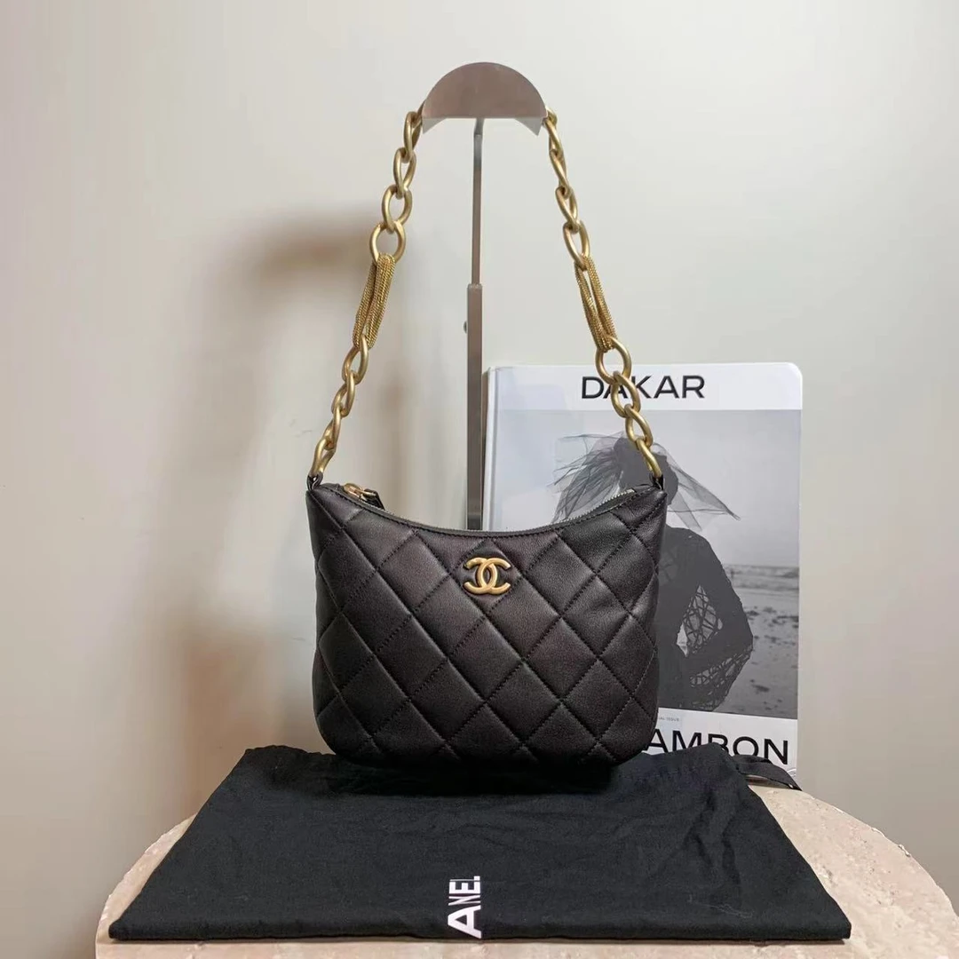 95新 Chanel/香奈儿 壹臻/23A黑金嬉皮包hobo/81353039