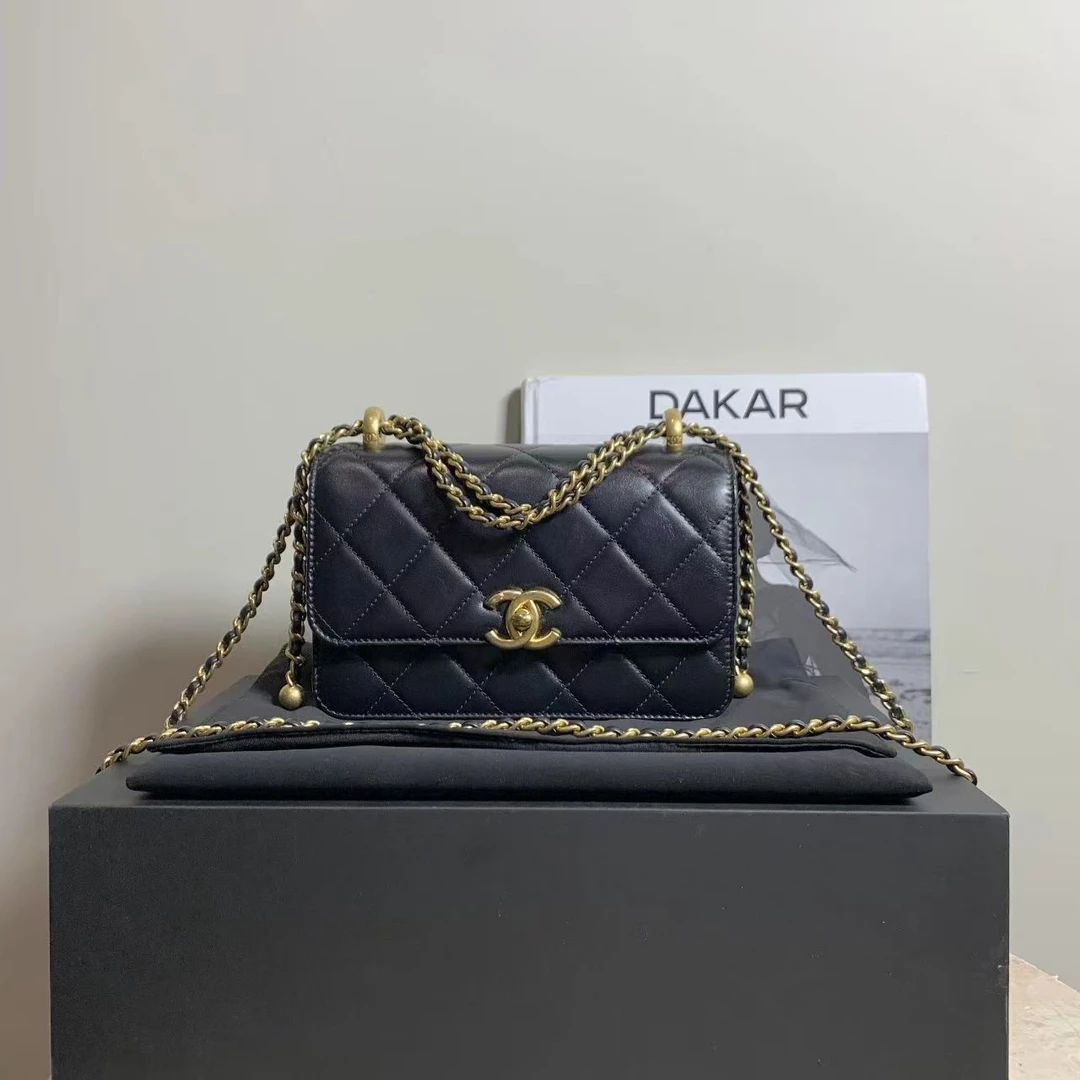 95新 Chanel/香奈儿 壹臻/95新黑金牛双金珠口盖包19 89265375