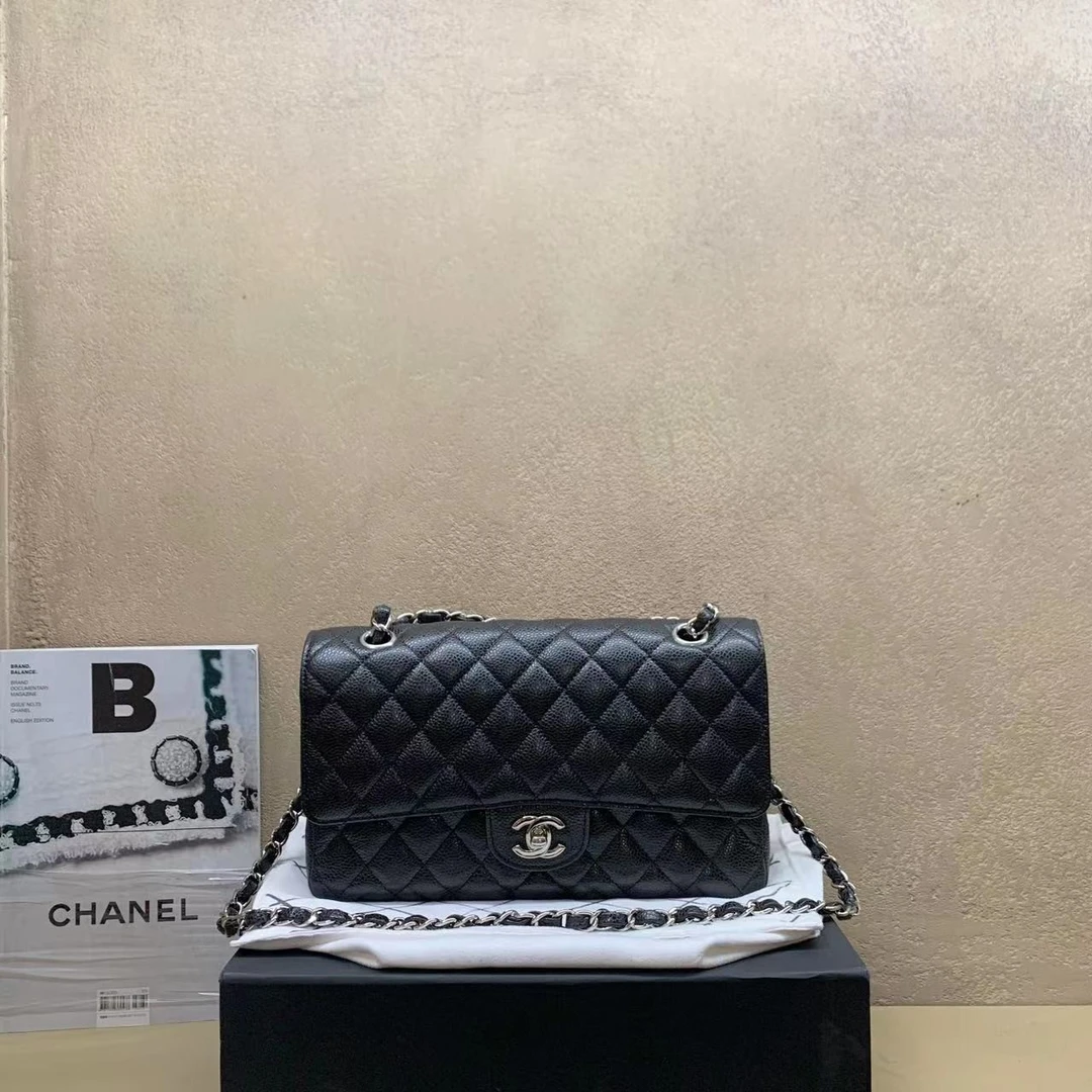 95新  拆单 壹臻中古/Chanel黑银荔枝牛cf中号肩包 24开 dx1493