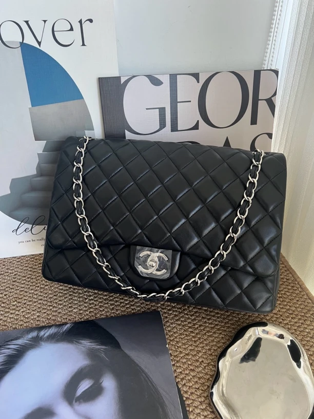 95新 Chanel/香奈儿 赤境·8069 黑银羊皮双盖cf maxi单肩包11