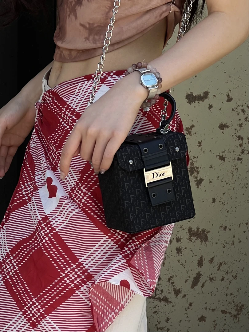95新 DIOR/迪奥 赤境·8706 黑老花punk小方盒斜挎包 02