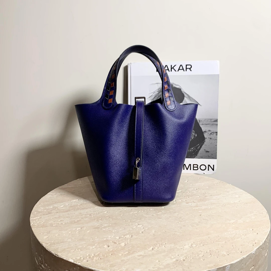 95新 Hermes/爱马仕 壹臻十一/墨水蓝手柄菜篮子18c刻/41093159