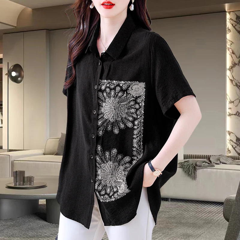 大码印花短袖衬衫女2025夏季新款显气质简约时尚百搭显瘦休闲上衣