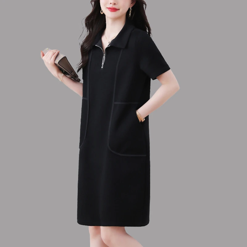 高端精致连衣裙女夏季新款时尚大码宽松气质休闲显瘦黑色A字裙子