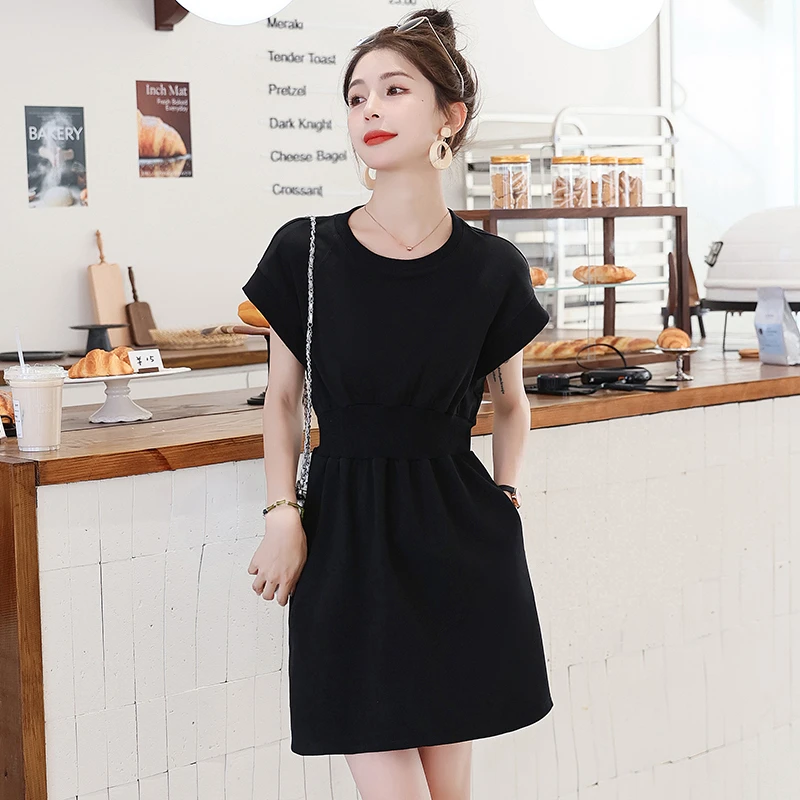 T恤连衣裙小黑裙女夏短袖收腰夏季小个子2023新款飞飞袖a字短裙子