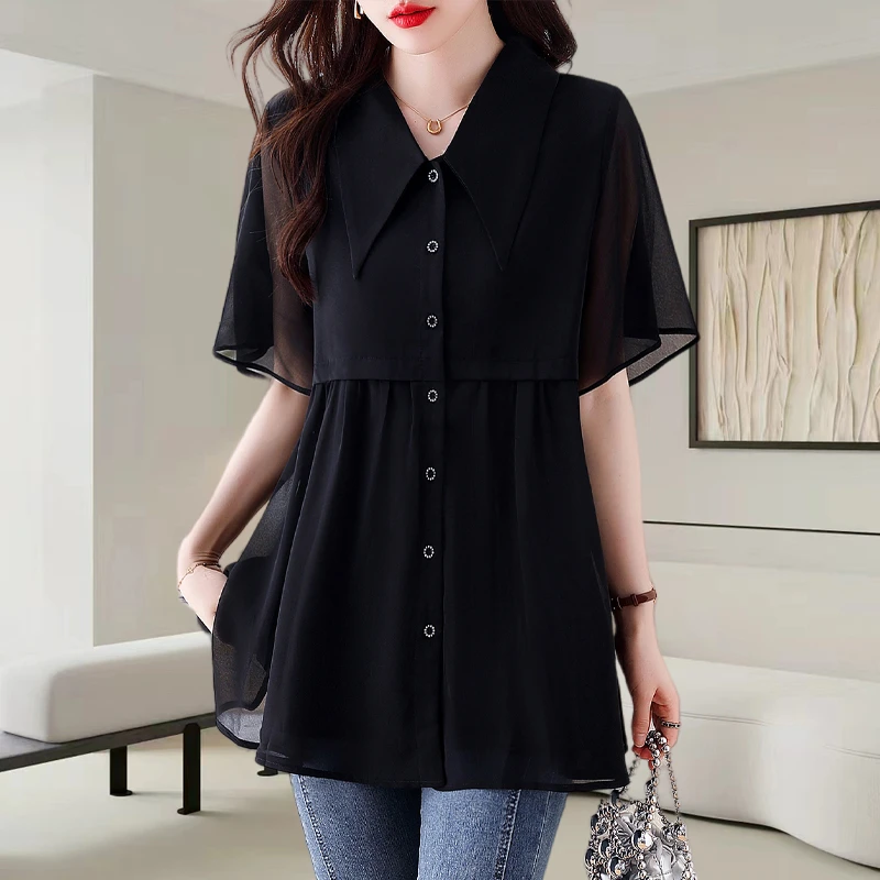 雪纺衫大码拼接假两件衬衫女夏季显瘦宽松遮肚子法式赫本风别致上