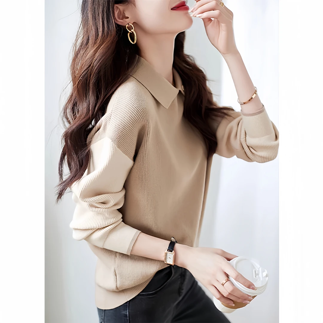 时尚针织衫女2024秋冬季新款大码宽松休闲设计感假两件气质上衣