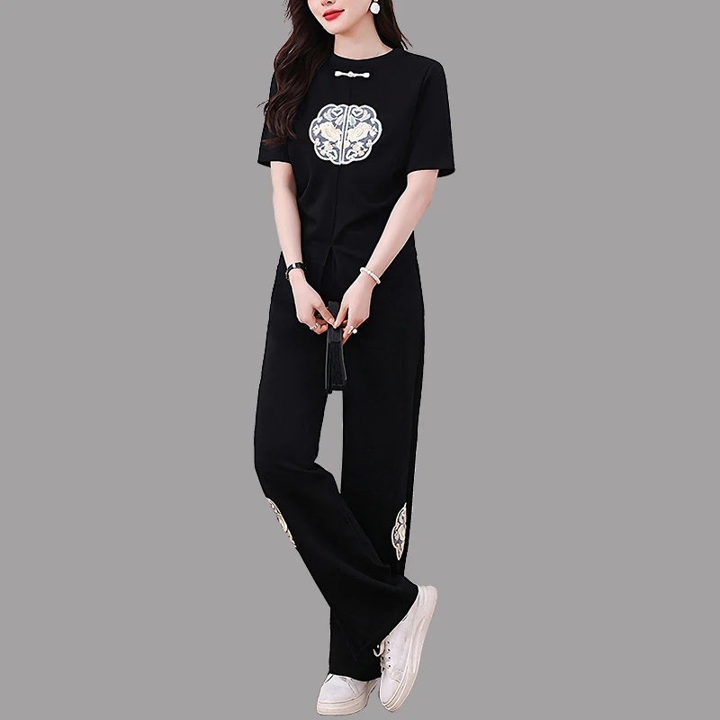 新中式国风套装女夏季2025新款时尚大码盘扣刺绣t恤阔腿裤两件套