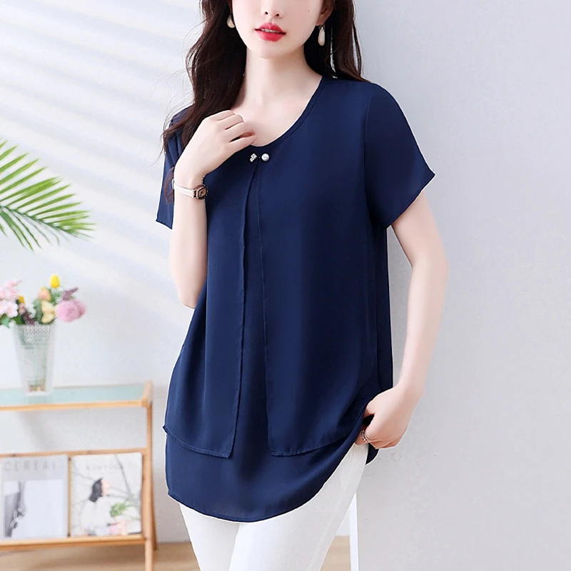 高端雪纺衬衫女士短袖夏季2024新款洋气小衫大码遮肚子宽松上衣