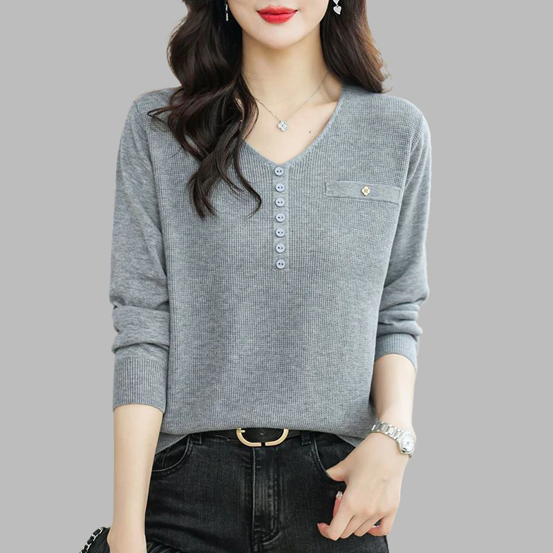 时尚V领针织衫2025早春季新款大码宽松休闲显瘦百搭气质打底衫
