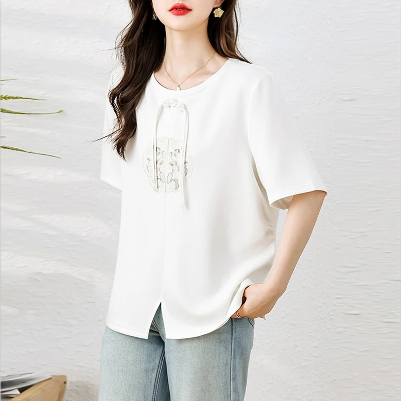 国潮复古刺绣盘扣t恤女装短袖夏季新款大码显瘦遮肉洋气体恤上衣