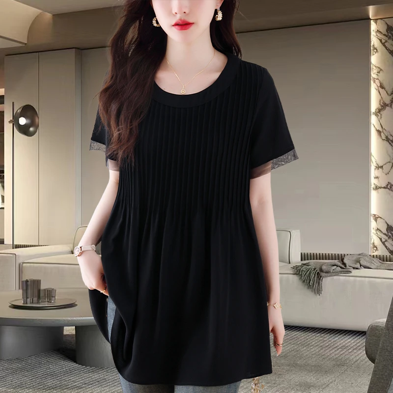 大码女装设计高级感雪纺衫2025夏季新款显瘦遮肚显气质百搭上衣女