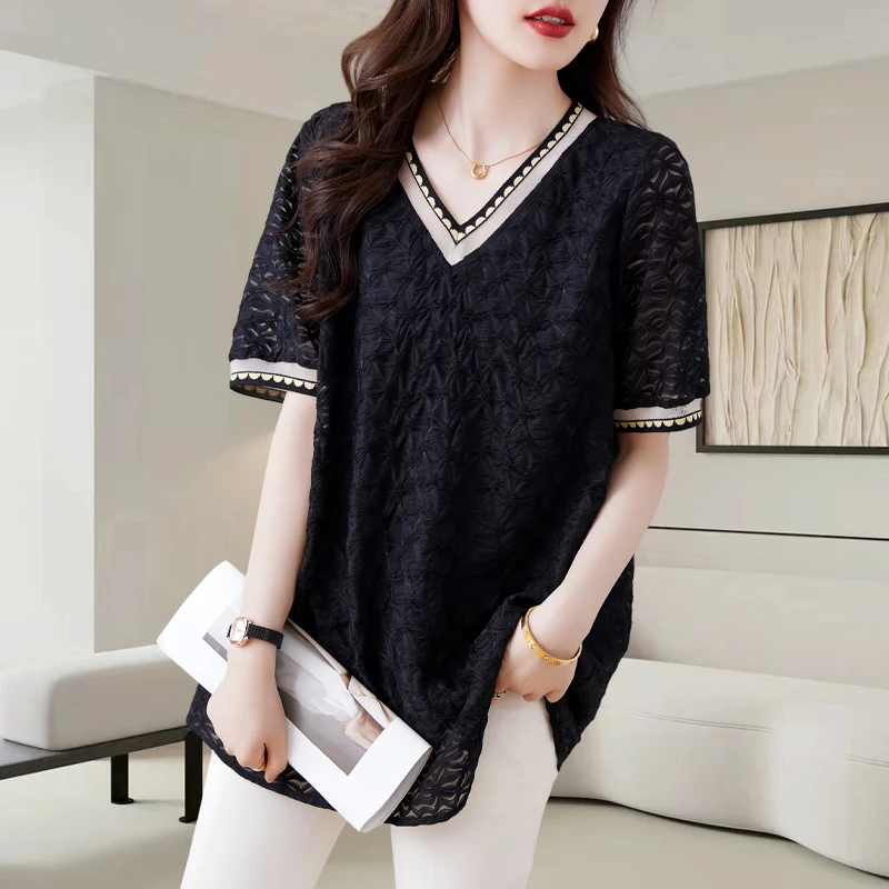 欧货肌理感V领雪纺衬衫女夏季新款宽松气质减龄独特别致小衫上衣