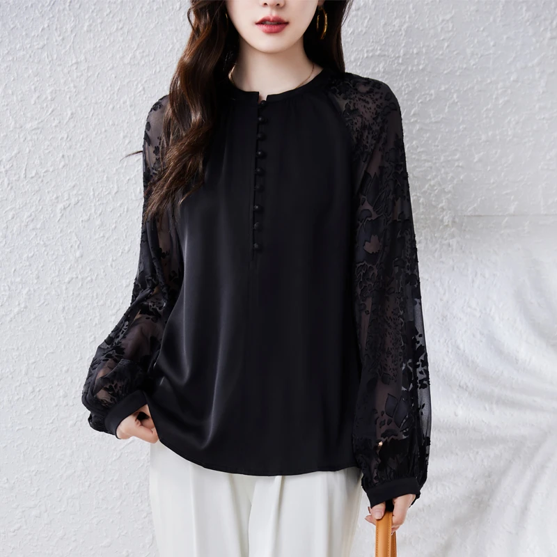 设计感独特别致蕾丝拼接衬衫女士宽松显瘦黑色上衣2025秋季新款