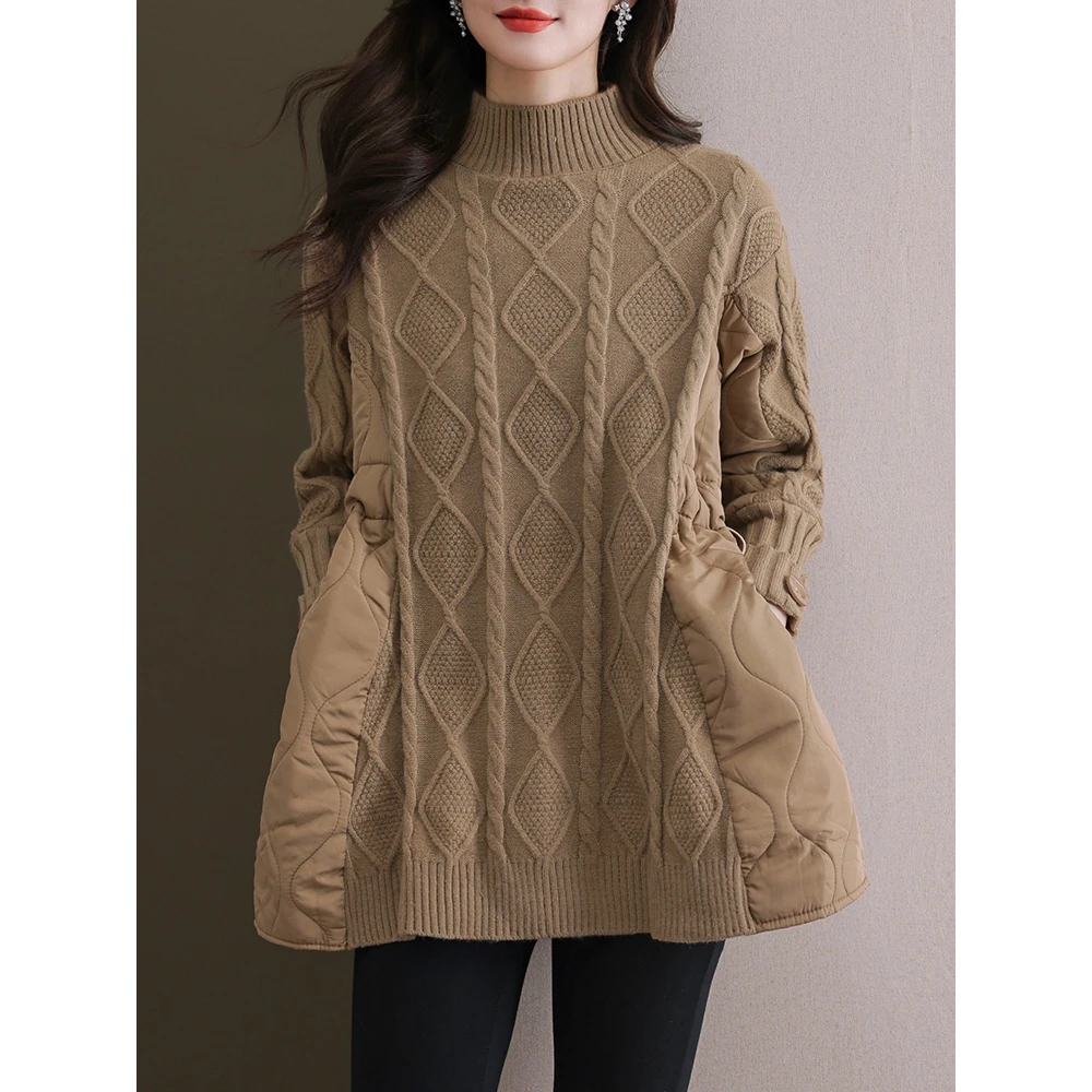 半高领针织假两件毛衣拼接棉服女秋冬2023中长款宽松打底衫遮屁股