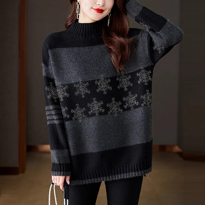 半高领女士毛衣2025秋冬季新款大码宽松休闲显瘦加厚中长款打底衫