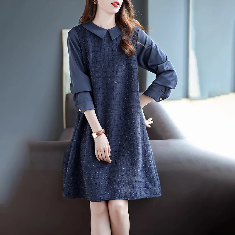 高级感小香风连衣裙女2025早秋新款大码宽松设计感亮丝细闪裙子